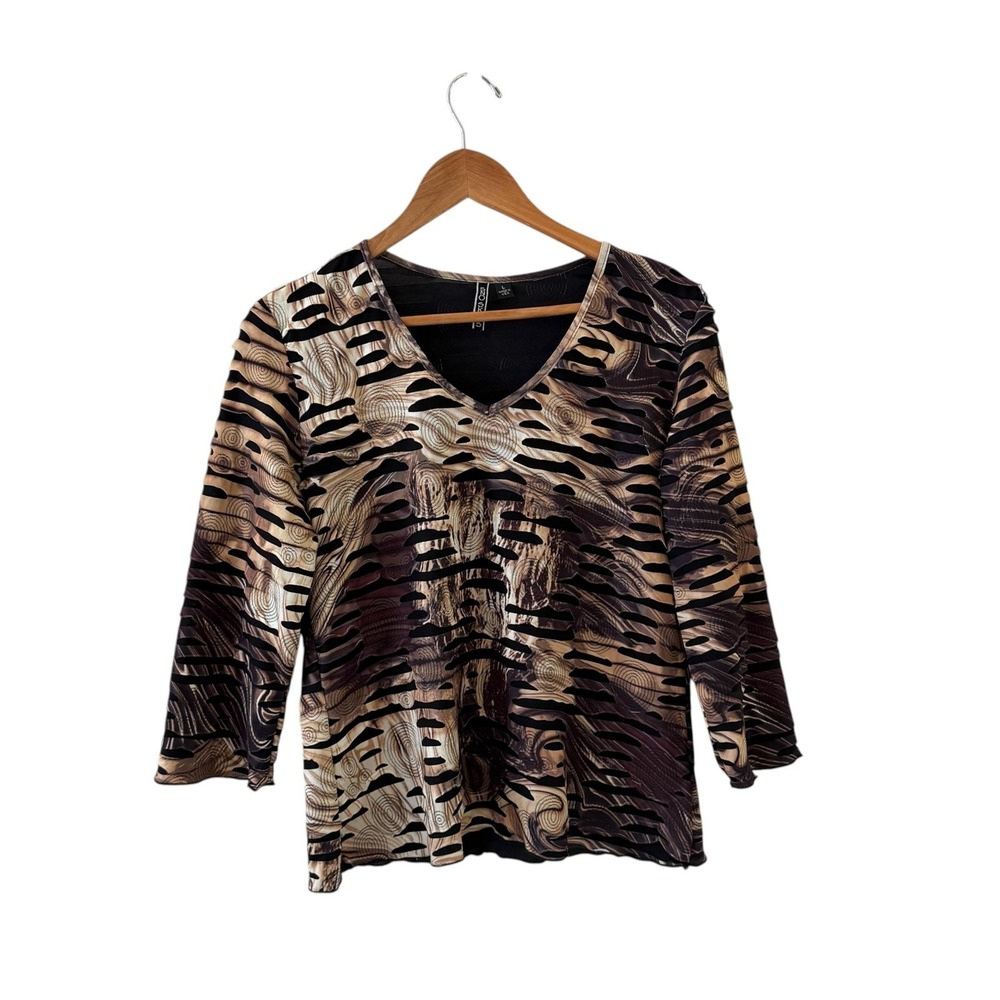 Sno Skins Cutout  Overlay Top L Brown Abstract Animal Print Geometric 3/4 Sleeve